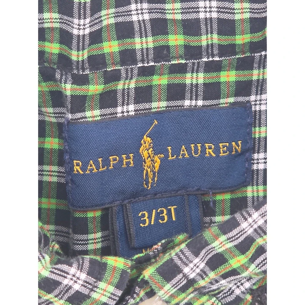 Ralph Lauren Boys Green Black Plaid Button Down Shirt Long Sleeve Size 3T Cotton